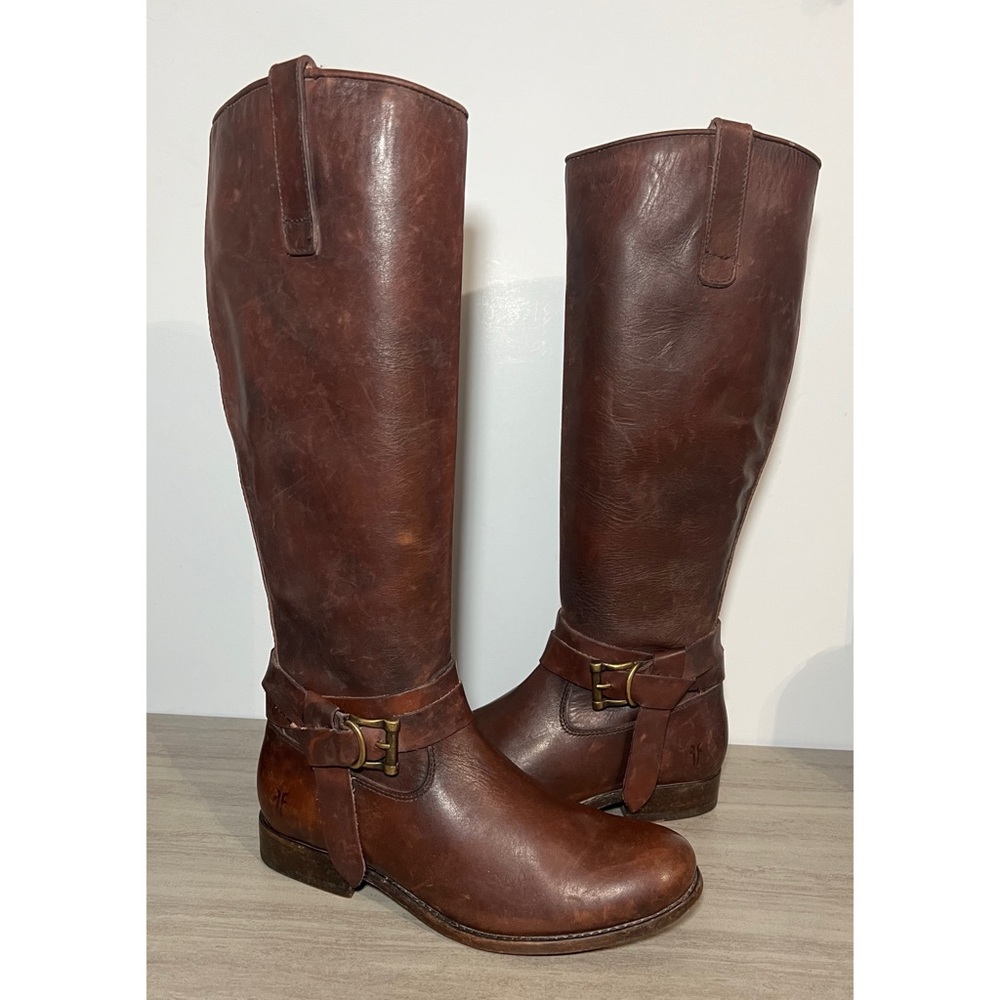 +Frye melissa knot brown tall leather boots zip Size 6
